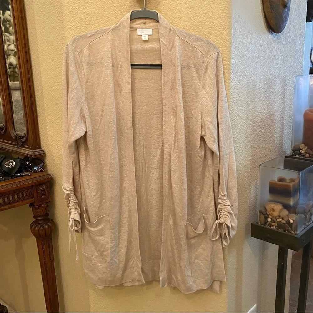 J. JILL Women Light Beige 100% Linen Longline Open Cardigan Size Medium Petite